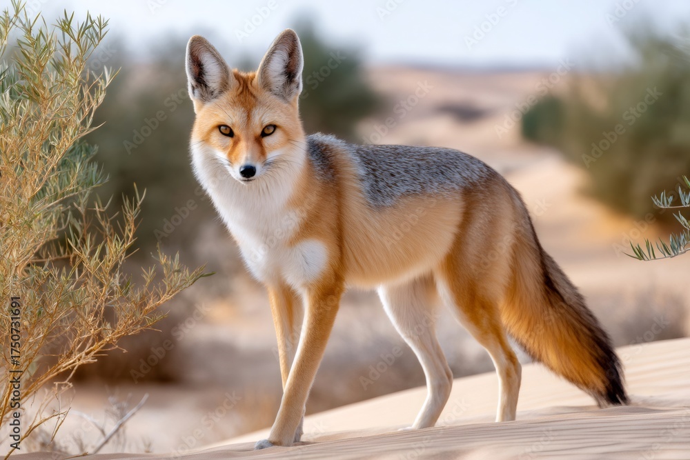 Fototapeta premium Arabian red fox watching while standing on desert sand