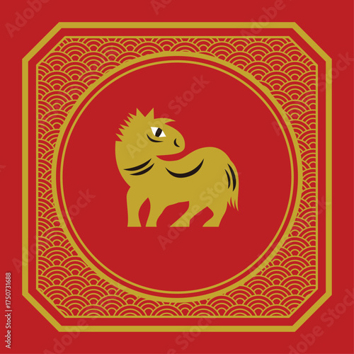 Illustration horse zodiac animal symbol with red and gold chinese animal culture