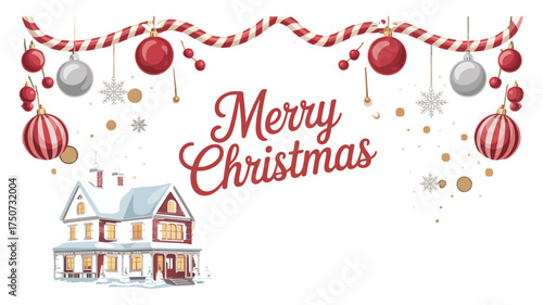 Merry christmas background with decorated house ornaments and festive holiday design  
