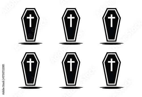 Set of six black silhouette coffin illustrations with christian cross detail vector scalable eps silhouette vector illustration white background