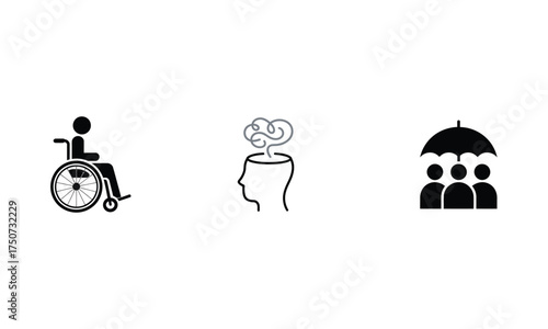 Disability support icons set showing mental health protection and wheelchair accessibility concept  
