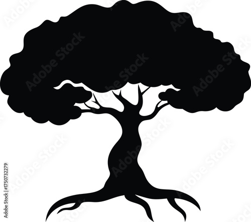 silhouette of a twisted, gnarled tree with a thick, knotted trunk and intricate branching pattern,