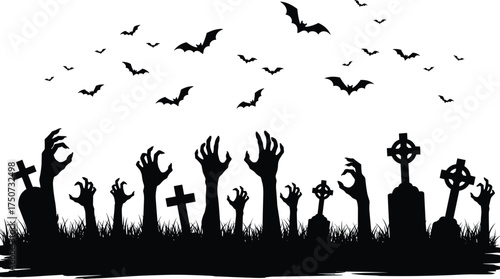 Halloween graveyard illustration with zombie hands rising from ground, flying bats in dark sky, scary spooky cemetery horror silhouette vector art