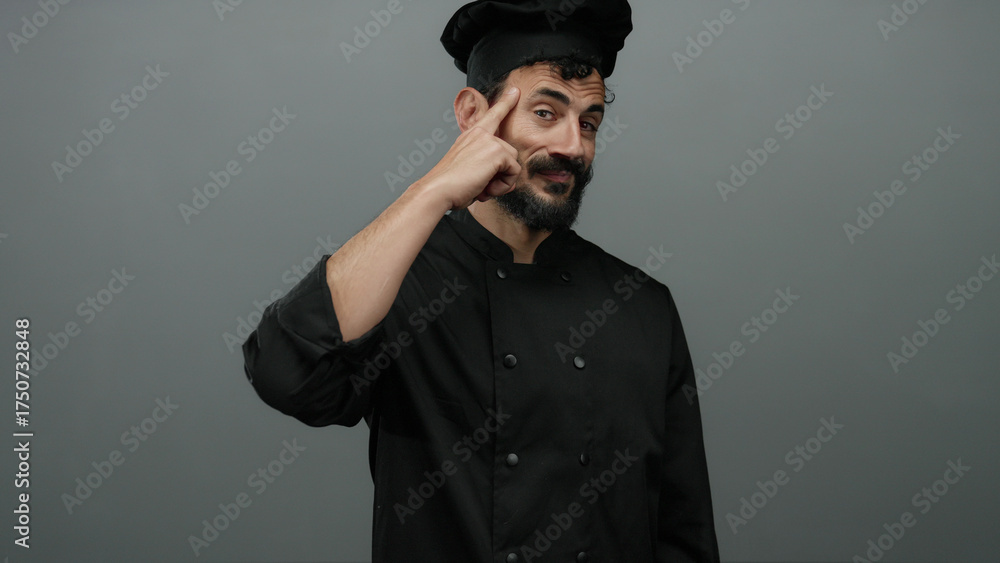 Fototapeta premium Hispanic male chef in black uniform gestures thoughtfully against grey backdrop, suggesting innovation in culinary arts.