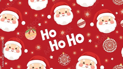 A festive Christmas Santa Claus set featuring a seamless pattern and background with cartoon Santa, snow, and xmas decoration for a happy new year holiday design