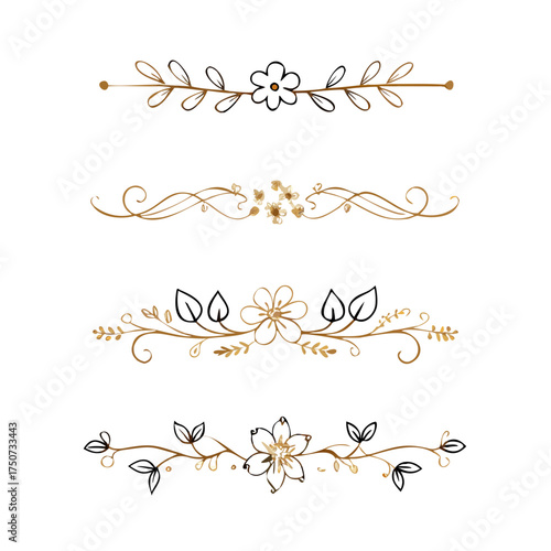 Collection of hand drawn golden text dividers. Calligraphic lines, vintage gold borders and wedding card breaks. Vector isolated flourish ink elements.	