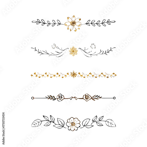 Collection of hand drawn golden text dividers. Calligraphic lines, vintage gold borders and wedding card breaks. Vector isolated flourish ink elements.	