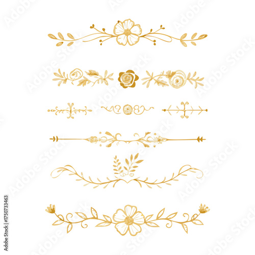 Collection of hand drawn golden text dividers. Calligraphic lines, vintage gold borders and wedding card breaks. Vector isolated flourish ink elements.	