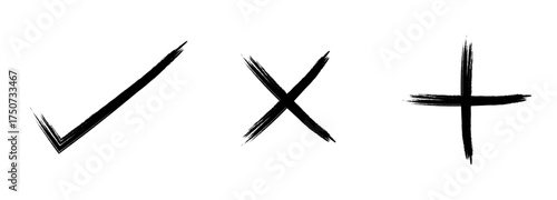 Hand Drawn Brush Check Mark Cross and Plus Sign Black Paint Stroke Symbols for Minimal Artistic Design