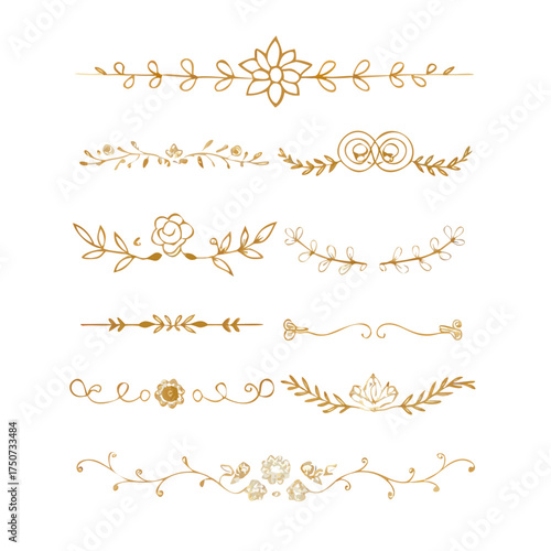 Collection of hand drawn golden text dividers. Calligraphic lines, vintage gold borders and wedding card breaks. Vector isolated flourish ink elements.	