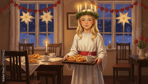 A girl in a white dress with a red belt and a wreath with candles on her head holds a tray with saffron buns (lussekatter) and a cup of hot coffee on Saint Lucia Day