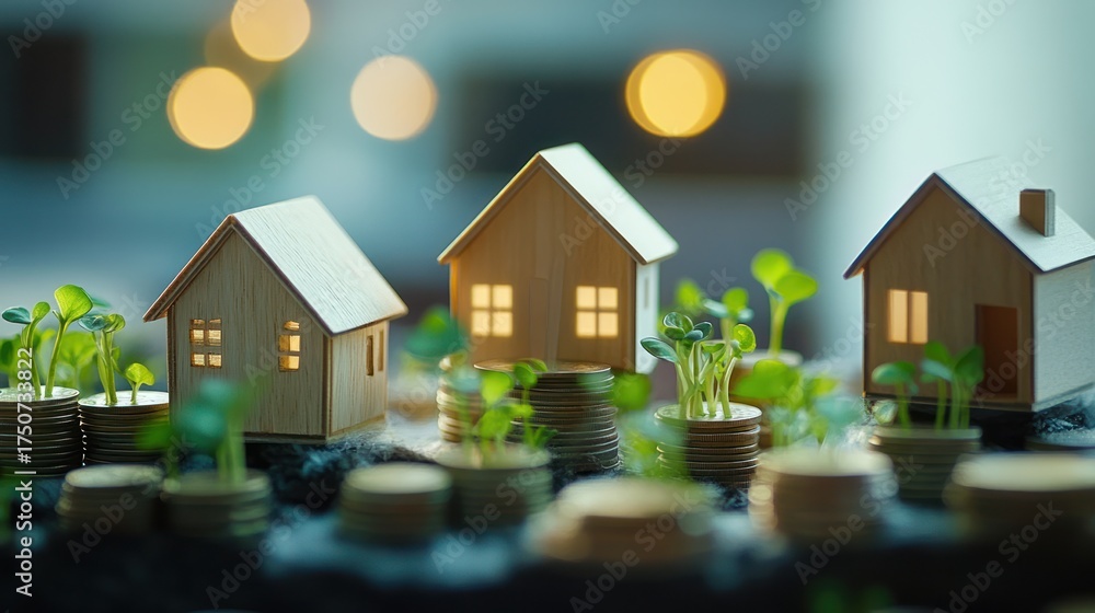 custom made wallpaper toronto digitalMiniature houses on coins, growing plants, real estate investment, future home