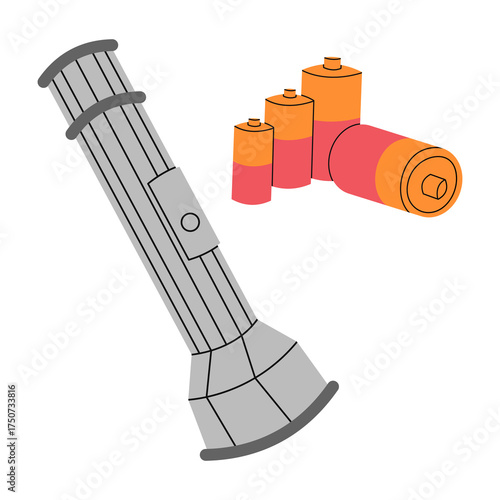 Flashlight and batteries, PNG illustration.
