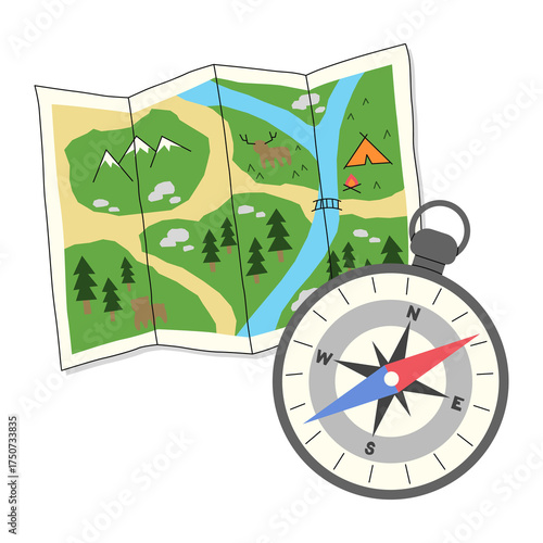 Map and compass, PNG illustration.