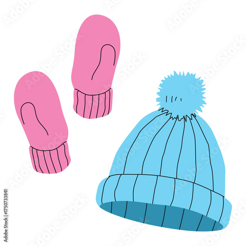 Woolen hat and winter glove, PNG illustration.
