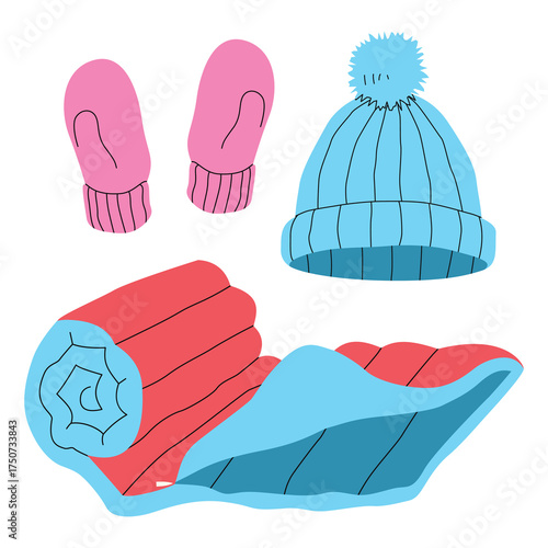 Woolen hat, winter glove, and sleeping bag, PNG illustration.