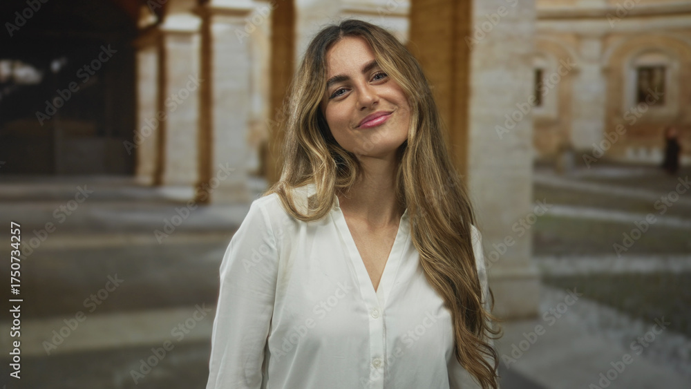 Fototapeta premium Woman crosses bare arms in university courtyard; confidence determination.