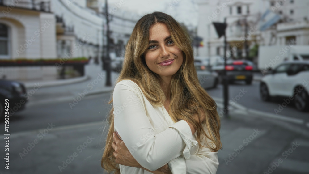 Fototapeta premium Woman with bare arms hugging herself and tousling long blonde hair while smiling softly on a busy city street; confidence comfort.