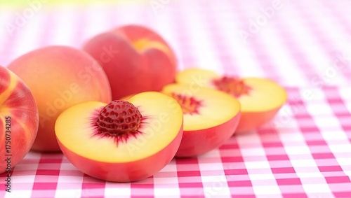 Fresh Ripe Peaches on a Picnic Blanket.