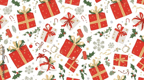 A vintage Christmas holiday seamless pattern design of snowflakes, gifts, and ornaments, perfect for wrapping paper or greeting card decoration