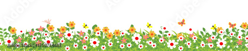 Colorful flower meadow with butterflies spring illustration