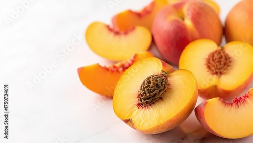 Fresh Ripe Peaches Sliced and Whole on White Marble.