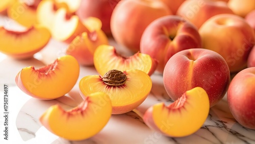 Fresh Ripe Peaches Sliced and Whole on Marble Surface.