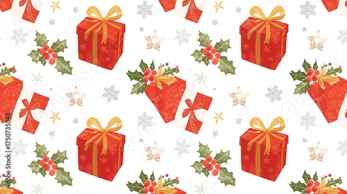 Golden Christmas gifts seamless pattern with red ribbon bow and pine decoration for a new year holiday celebration background