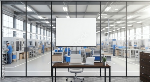 Modern office setup with a blank display screen overlooking a factory production floor