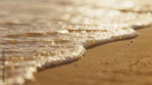An abstract macro background texture of wet, sparkling golden sand with the gentle ebb and flow of a wave