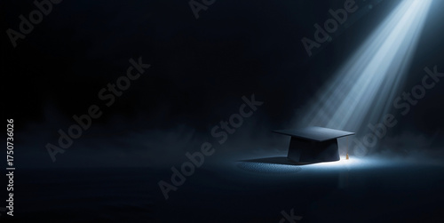  A solitary black graduation cap is starkly illuminated by a dark, cool light, creating a dramatic atmosphere that symbolizes a sense of disillusionment or the perceived uselessness of education.