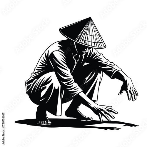 Black and white illustration of a person squatting wearing a conical hat and long sleeved shirt silhouette