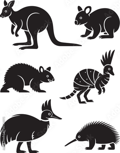Australian wildlife icons kangaroo koala echidna cassowary