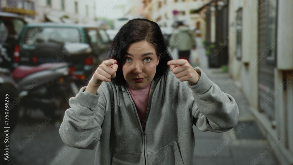 Fototapeta premium Woman pointing on urban street wearing casual hoodie outdoors surrounded by cars and buildings in lively street setting.