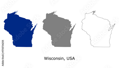 Wisconsin map set. Wisconsin USA map vector. Wisconsin navy, gray, and outline map