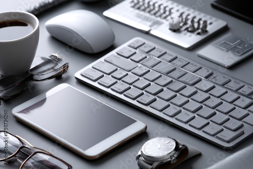 Desk setting features keyboard phone coffee mouse watches glasses pen on grey surface