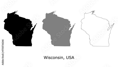 Wisconsin map set. Wisconsin USA map vector. Wisconsin silhouette, gray, and outline map