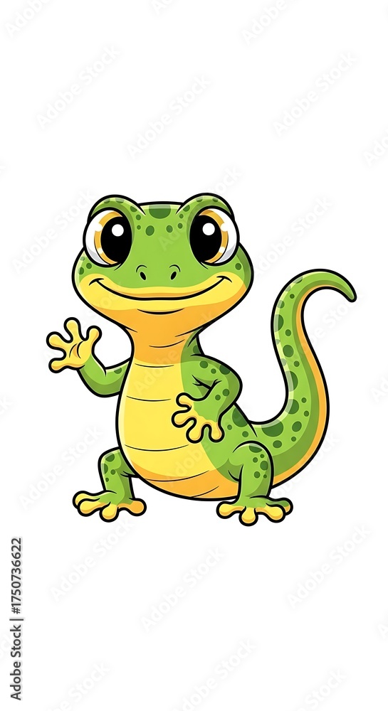 Fototapeta premium Friendly Cartoon Gecko Waving Hello - A Cheerful Reptile Illustration.