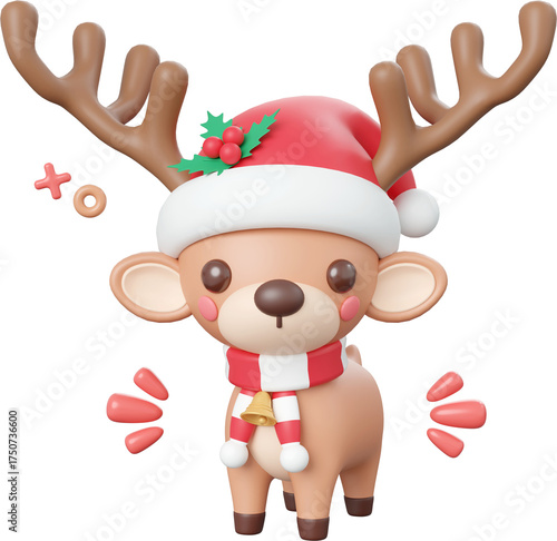 Cute Christmas reindeer, Christmas theme elements 3d illustration