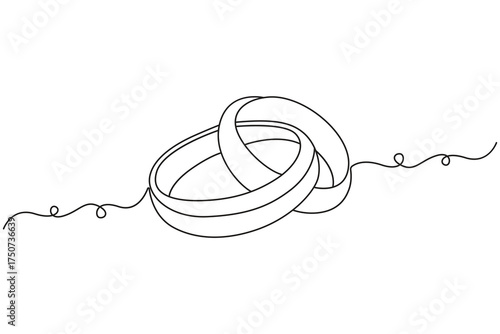 Romantic continuous line drawing of engagement ring and wedding bands for marriage celebration