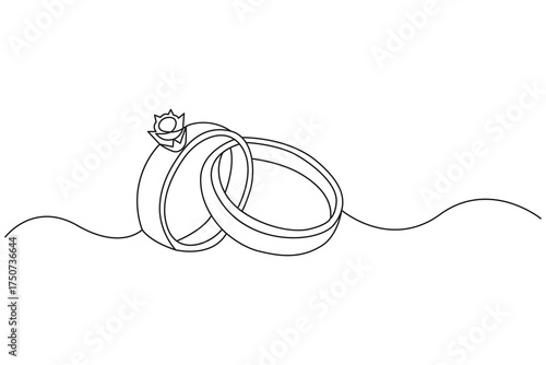 Romantic continuous line drawing of engagement ring and wedding bands for marriage celebration