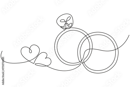 Continuous line art of intertwined rings and hearts representing eternal love and unity