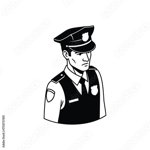 A black and white drawing of a police officer in uniform with a serious expression on his face silhouette