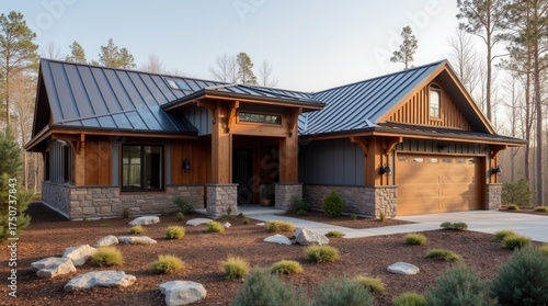 Wildfire‑resistant home exterior, metal roof and cleared defensible space
