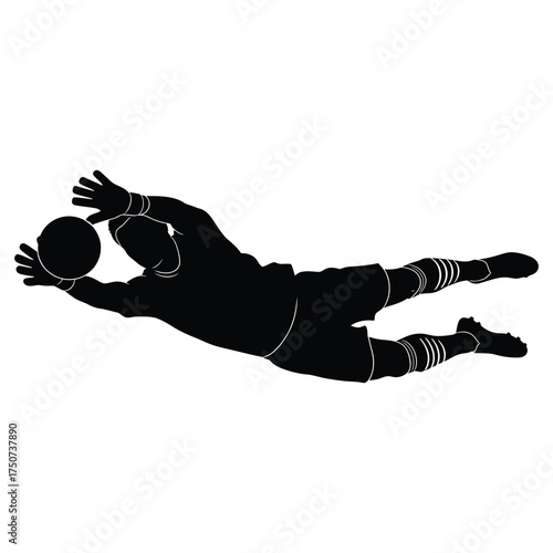 Silhouette of a goalkeeper diving to catch a ball during a soccer game on a white background