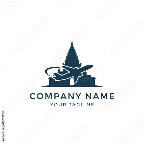 Airplane flying around a temple building logo for travel company.