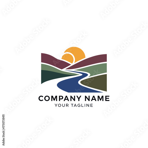 Scenic Landscape Logo with River, Hills, and Rising Sun Design.
