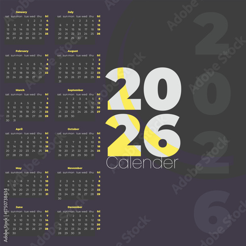 2026 Calendar Grid with Large Stylized Numbers and Dark Background year date