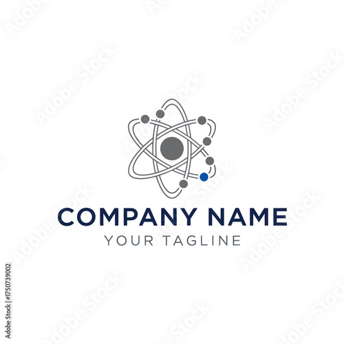 Atom logo with orbiting electrons and company name placeholder.