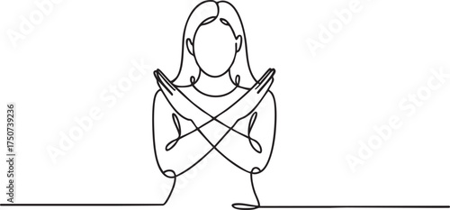 Continuous one line drawing of woman crossing arms to say no gesture showing refusal, stop sign, and rejection in minimalist outline style
